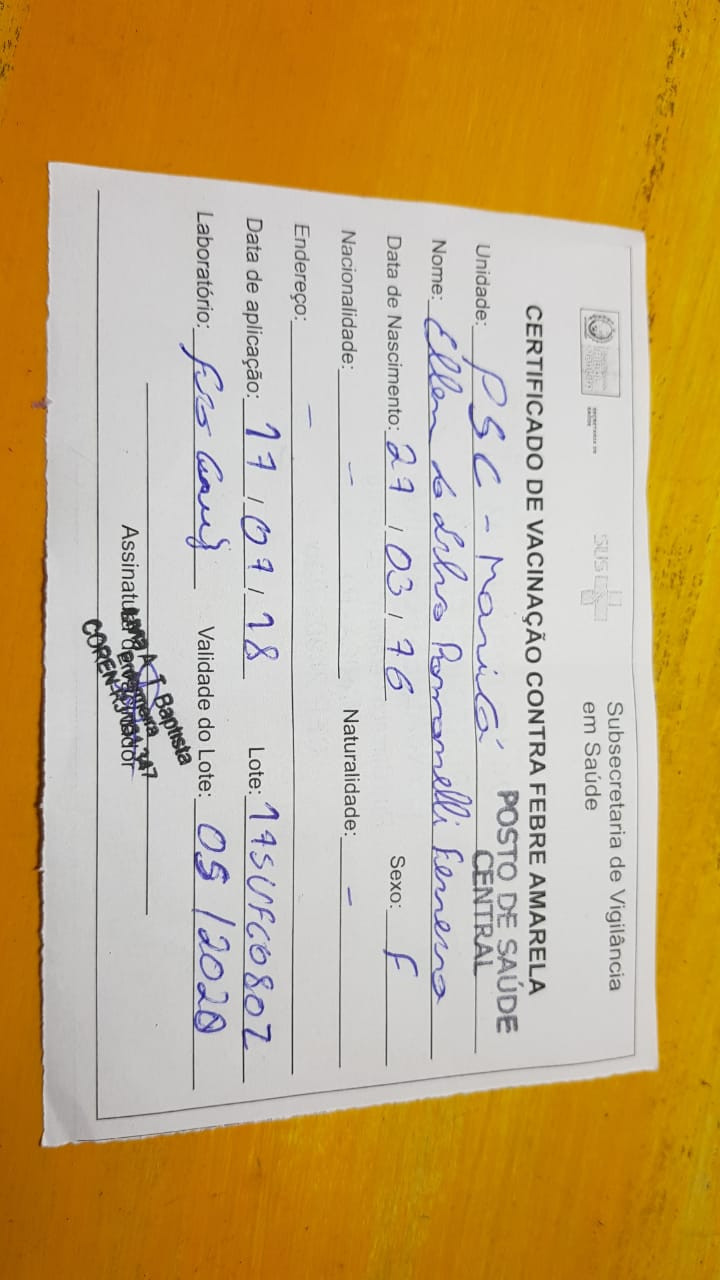 cartão de vacinação febre amarela