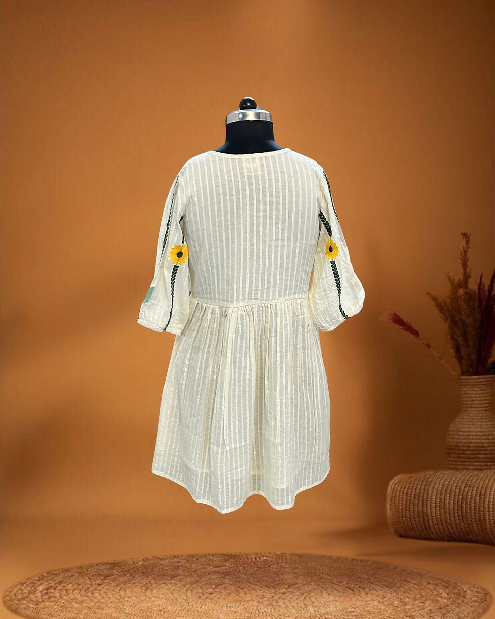 Thumbnail: Off-white Lurex Cotton Empire-Line Dress – Back View – Sutralasya