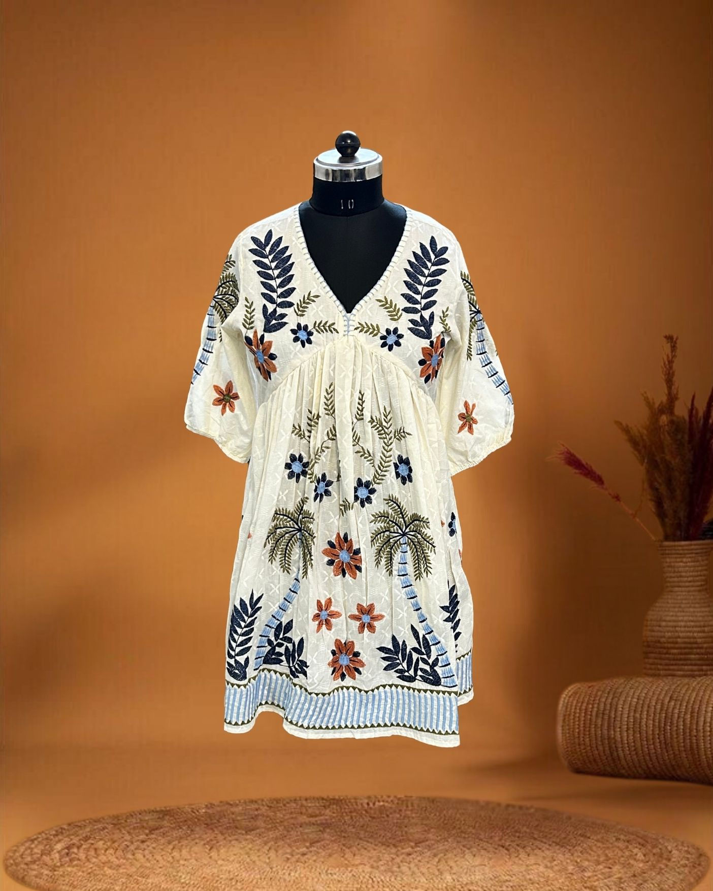 Off-white Dobby Cotton Empire-Line Dress – Front View – Sutralasya