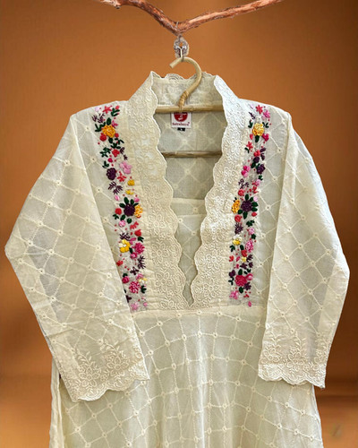 Schiffli Mul Cotton Fit & Flare Dress with Handcrafted Embroidery Off-White | Sutralasya Schiffli Mul Cotton Fit & Flare Dress with Handcrafted Embroidery Off-White | Sutralasya