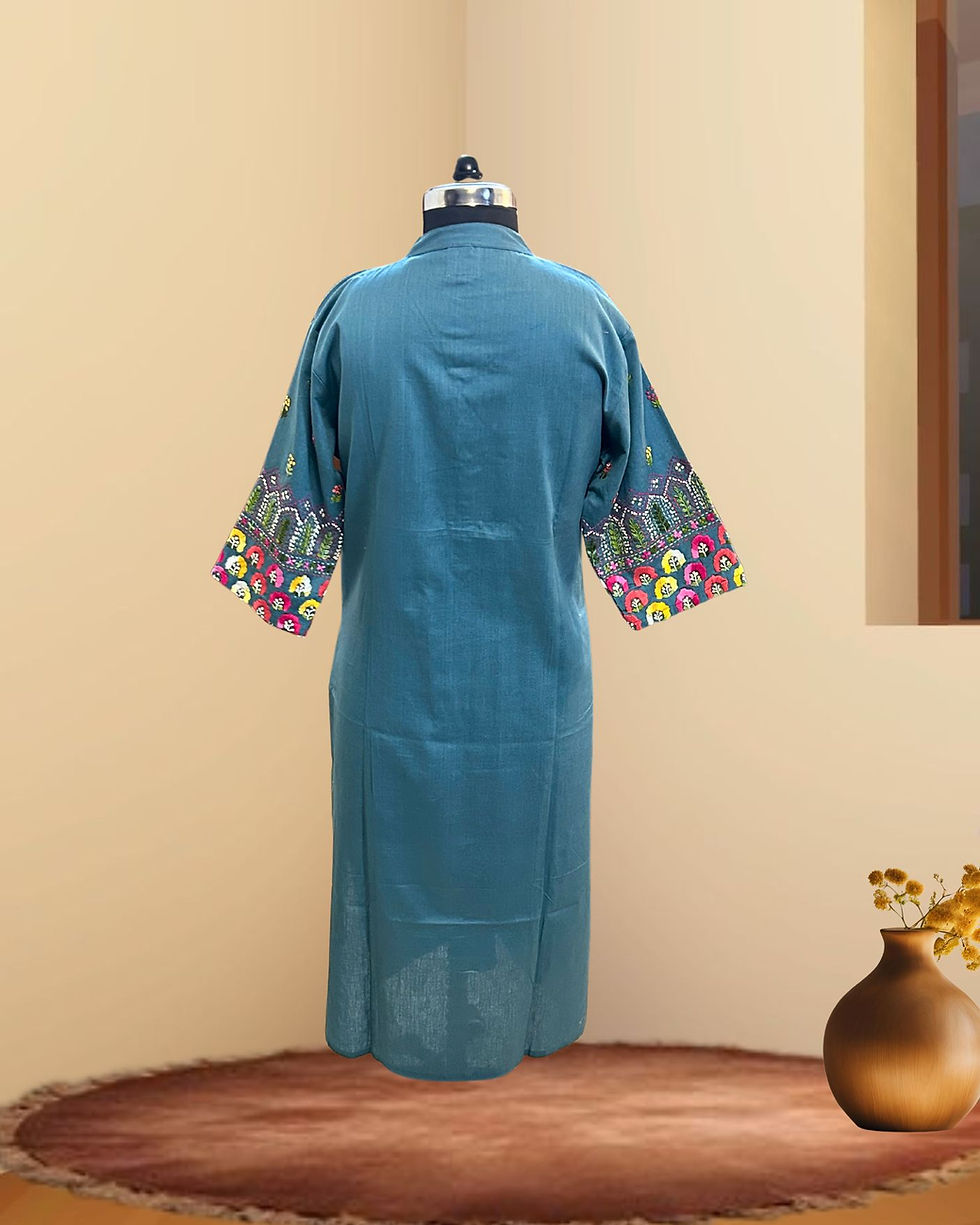 Thumbnail: Back View of Organic Cotton Kurta with Band Collar – Sutralasya