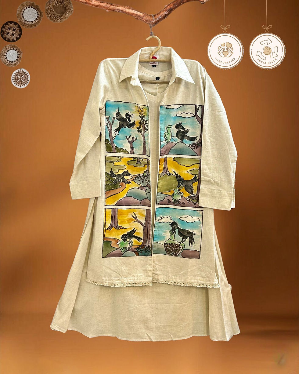 Thumbnail: Earthy beige linen-cotton shrug dress with hand brush painted crow fable – hanger view by Sutralasya