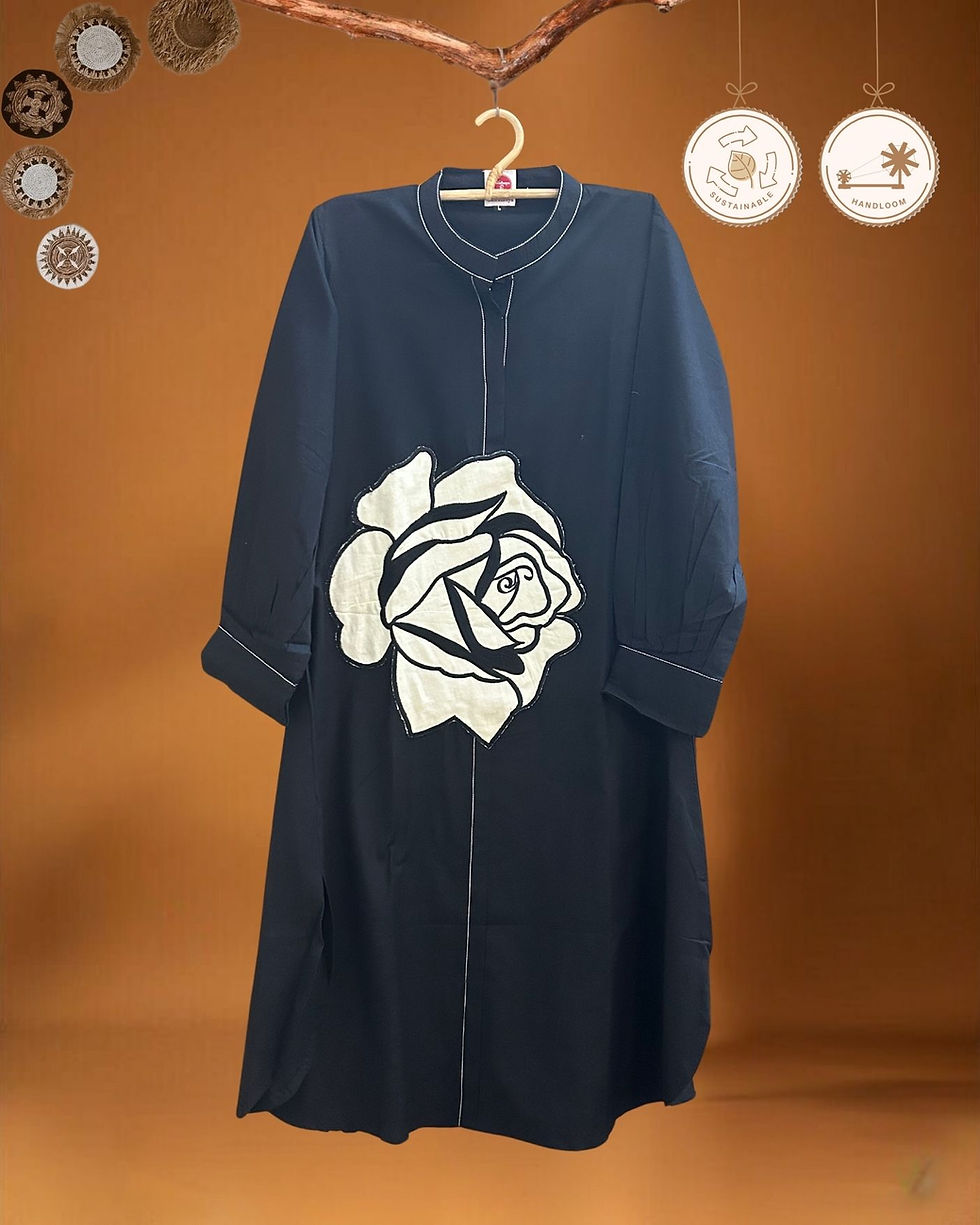 Thumbnail: Black handloom cotton apple-cut dress with rose appliqué – hanger view by Sutralasya