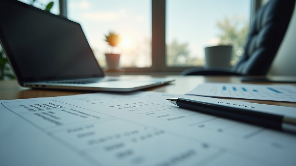 Eye-level view of a modern office desk with a laptop and payroll documents