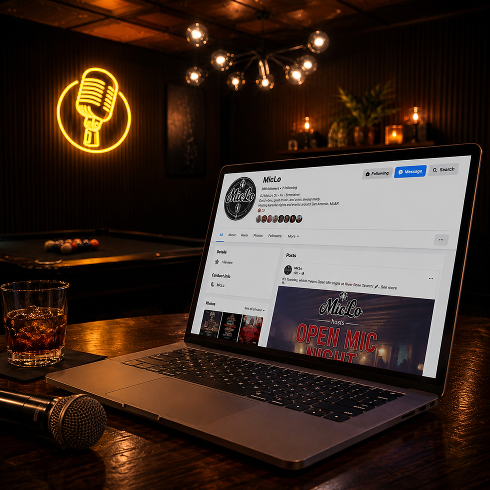 MicLo Facebook page displayed on a laptop in a warm karaoke lounge, with a microphone, drink, pool table, and glowing neon microphone sign in the background.