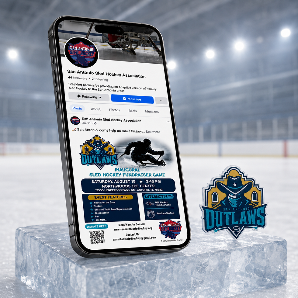 San Antonio Sled Hockey Association Facebook page displayed on a phone beside the San Antonio Outlaws team logo on an ice rink background.