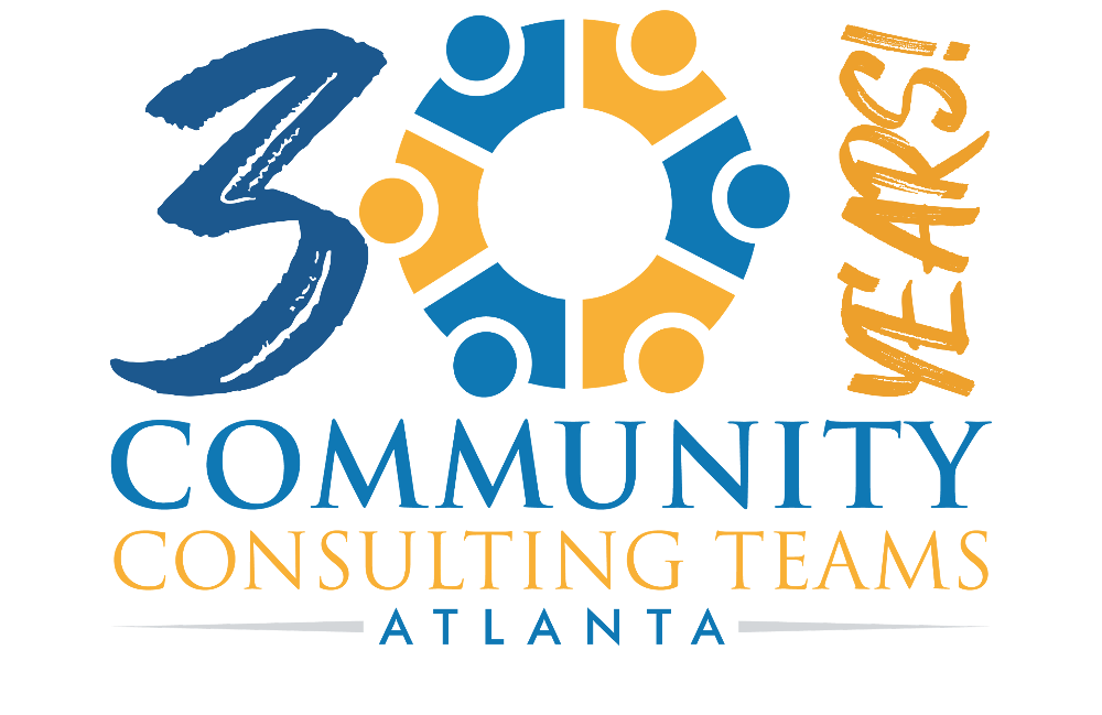Blue and gold Community Consulting Teams Atlanta logo on black, with circular people icon and large stylized 3D text.