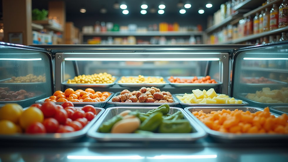 Vista frontal da geladeira aberta mostrando alimentos organizados em prateleiras