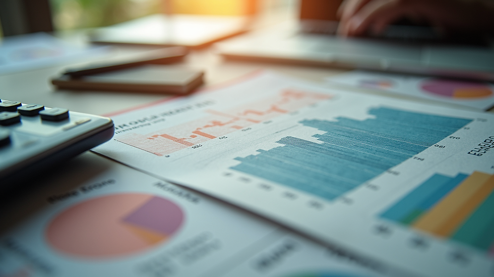 Visão de cima de uma planilha financeira com anotações coloridas e calculadora ao lado