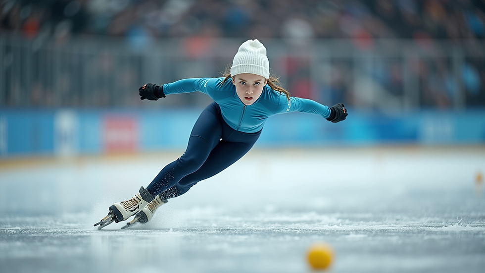 Eye-level view of a youth speed skater practicing on the ice