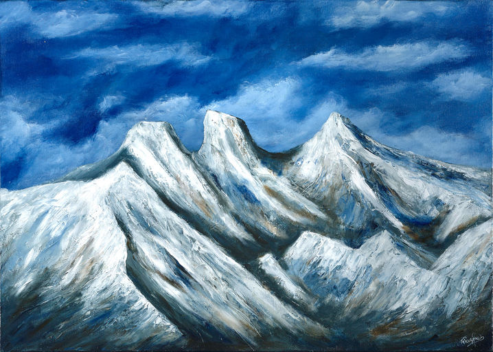 This striking artwork presents a breathtaking landscape of towering mountains, their snow-capped summits reaching towards a dramatic blue sky. The interplay of light and shadow reveals the rugged textures of the peaks, while the swirling clouds add depth and movement to the scene. Each brushwork detail conveys the grandeur of nature, inviting contemplation and admiration. Perfect for enhancing any space, this piece brings a sense of tranquility and awe to your surroundings.

​
Title: "Majestic Peaks" by Antigoni Pagona

Year created: 2023

Medium: Acrylic on canvas

Painting Size: H 50 x W 70 cm. Depth 2 cm. 