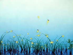 水鏡に揺らぐ草と蛍の光を表現したリアルイラスト