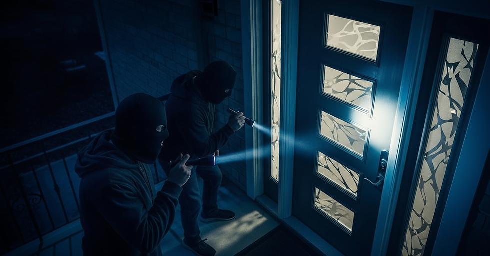 Masked intruders with flashlight at front door