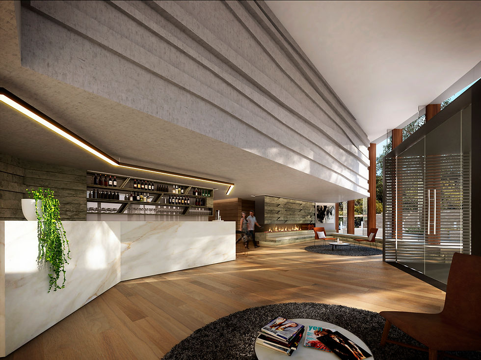 Modern architectural interior with a white counter and wooden flooring. Machtig LED Illumination lighting.