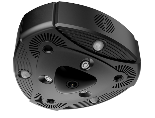 Black security camera with multiple lenses and sensors, high tech design.