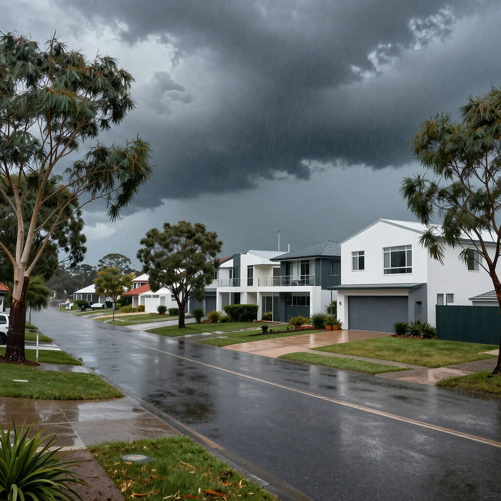 residential street, dark cloudy sky rain approaching