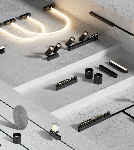 Various black LED lighting fixtures arranged on a white surface, Machtig LED Illumination.