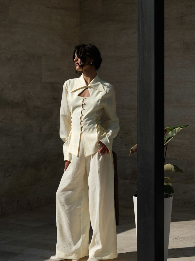 Pale Lemon blazer & wide-leg trousers