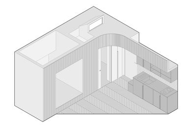 Bloc technique compact regroupant entrée, cuisine et salle de bain, architecte Ludovic Zacchi