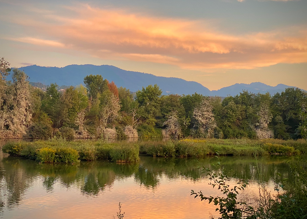 Looking over sunset lake to mountains