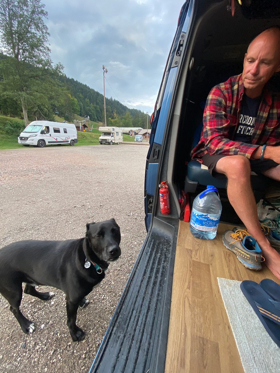 Man in VW camper van with dog at door