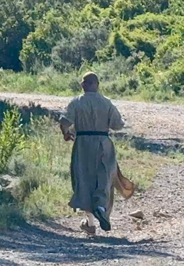 Monk jogging in the hills 
