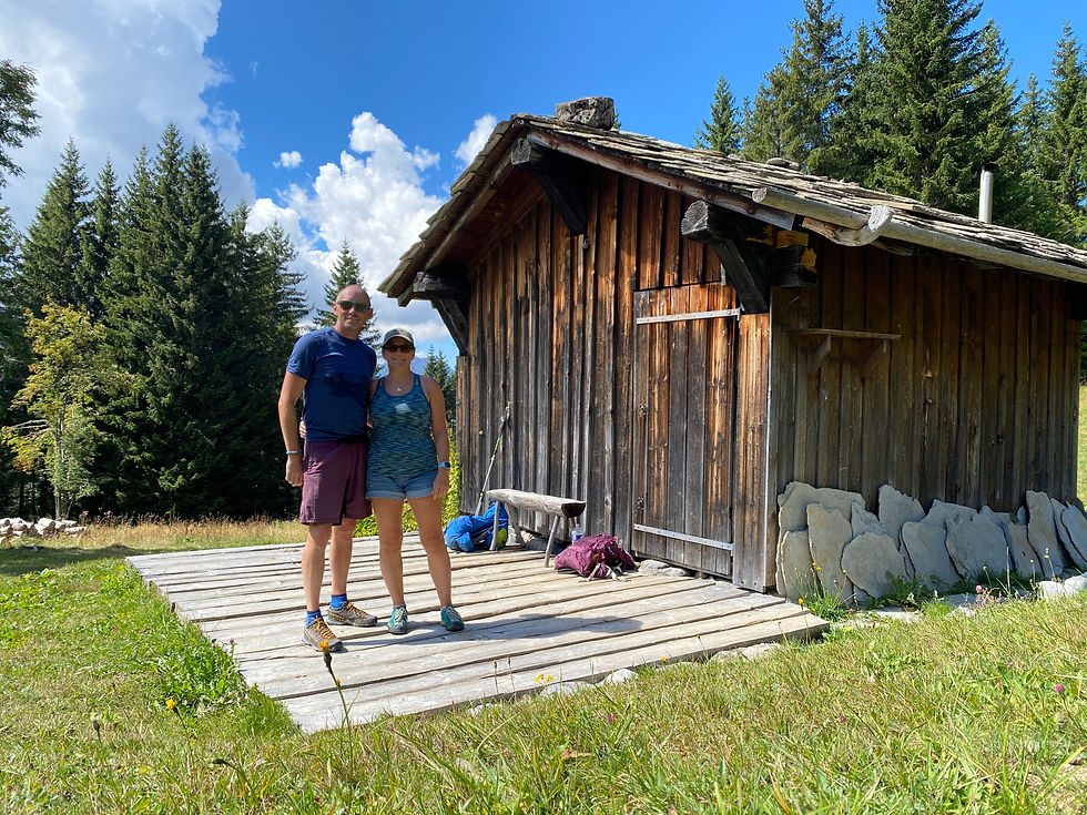 Couple at mountain hut above Morzine