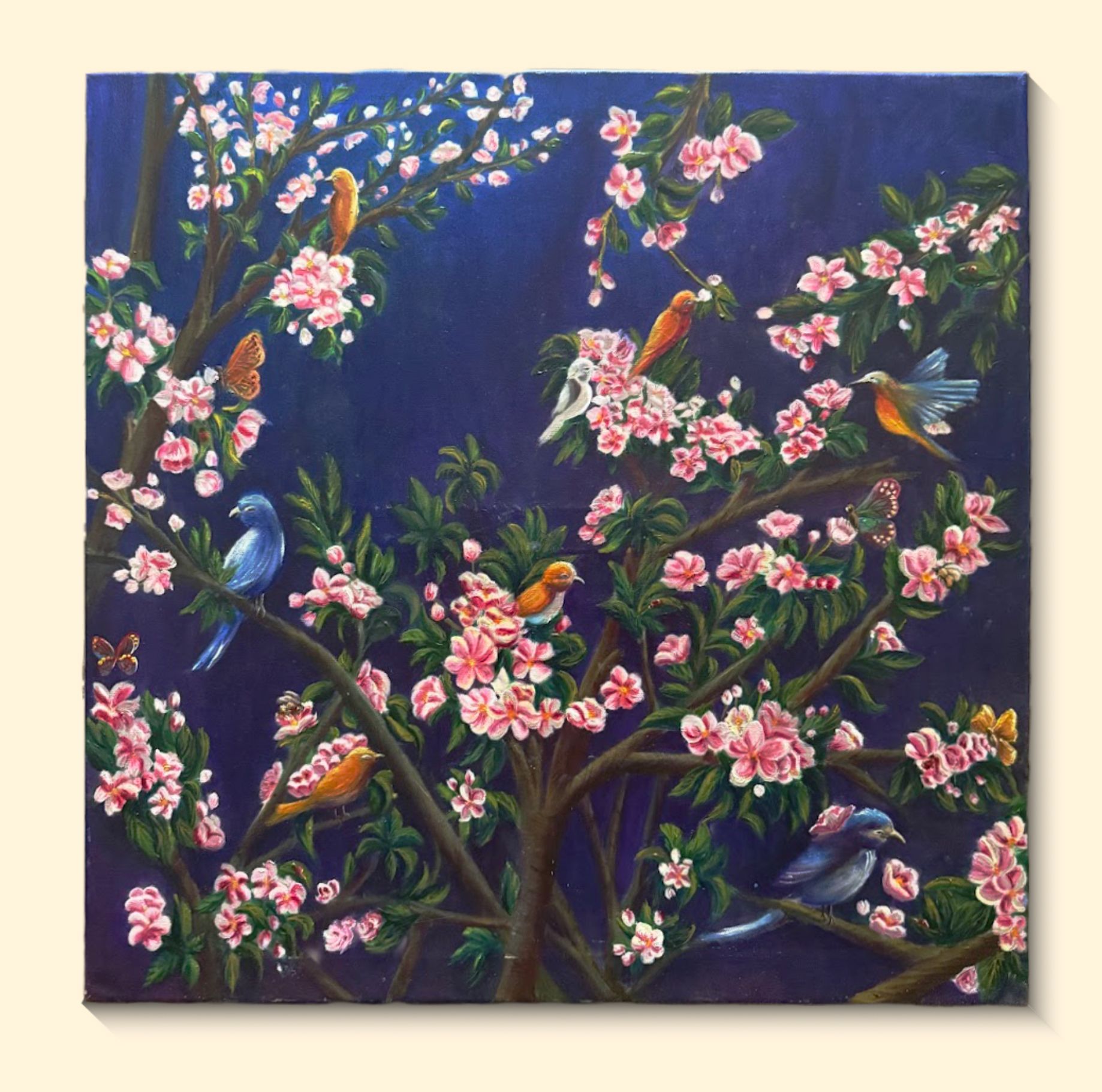 Midnight Blossom Song — songbirds among pink blossoms on an indigo night