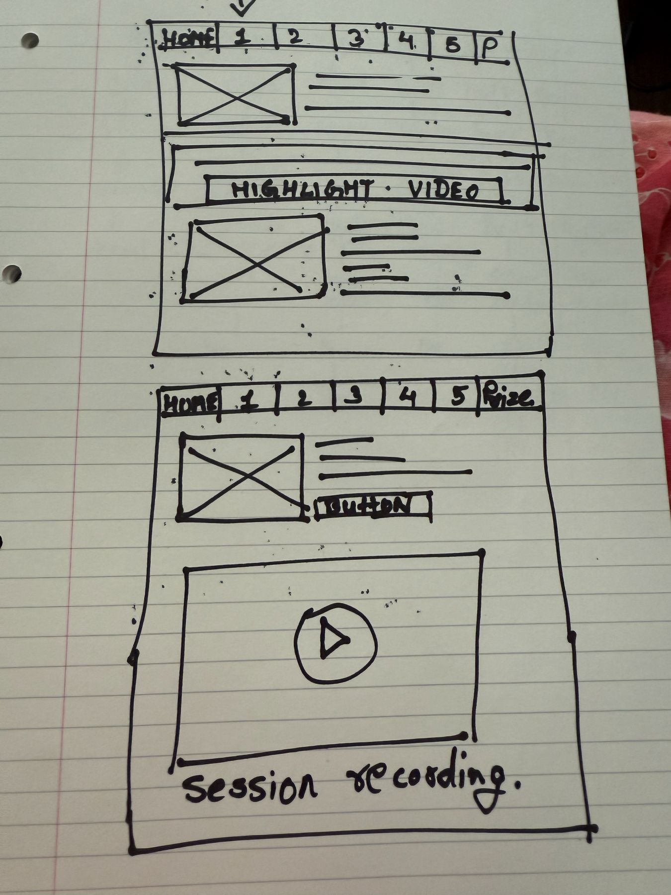 Hand-drawn wireframes showing a highlight video band and a session recording player