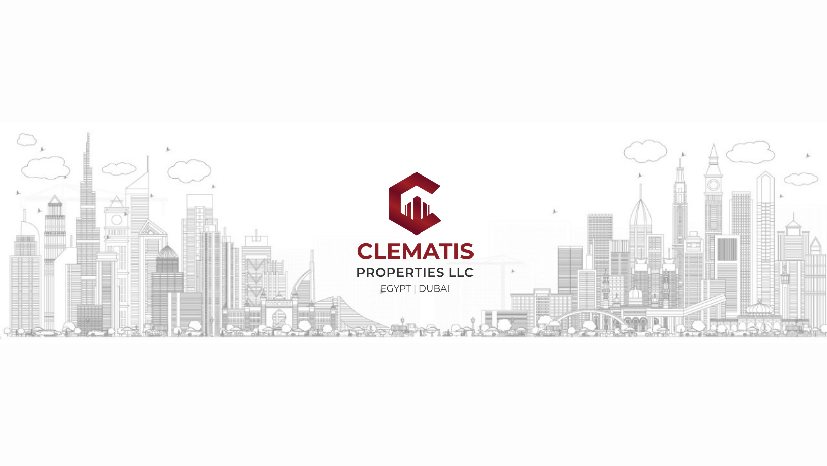 Clematis Properties LLC logo, Egypt and Dubai, centred between line drawings of the Dubai and Cairo skylines