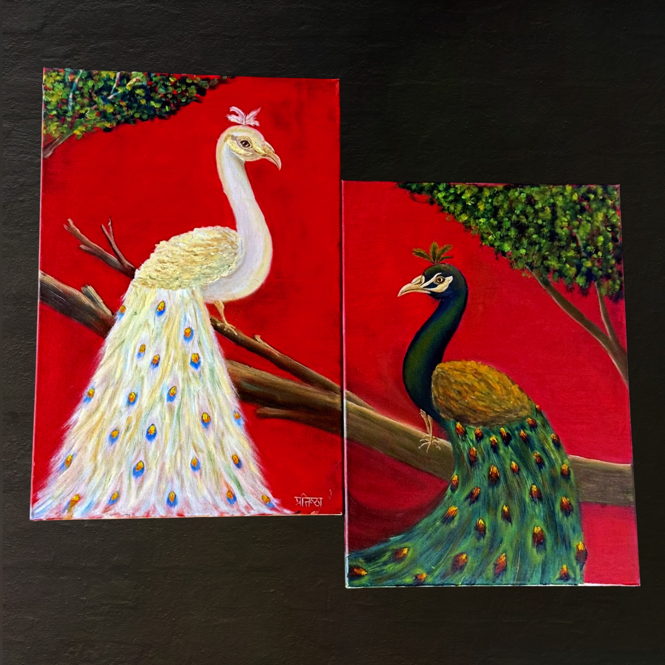 Shwet aur Neel — peacock diptych