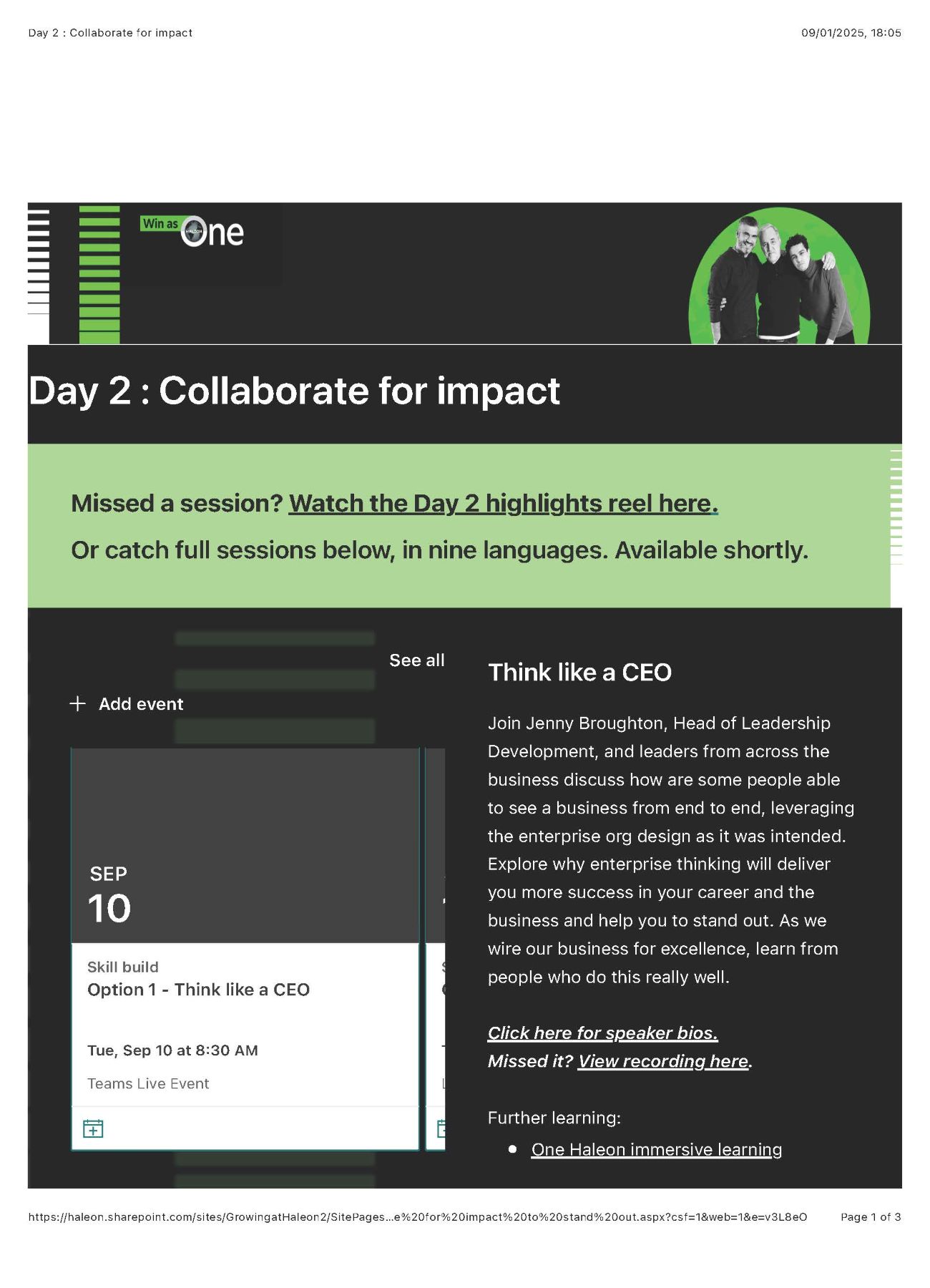 Day 2 page, Collaborate for impact, with Think like a CEO session