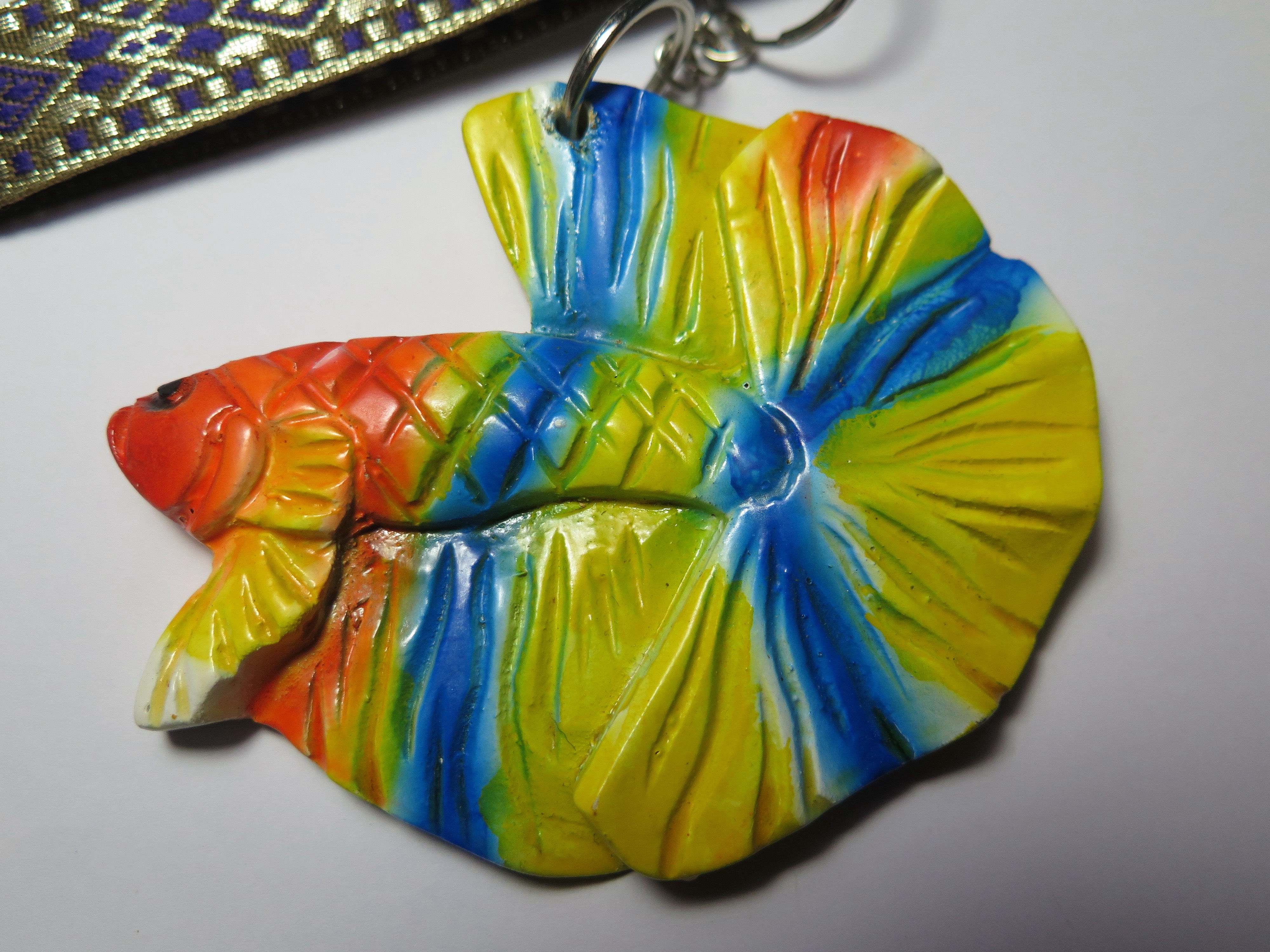 Hand Carved Yellow Fancy Halfmoon Betta Key Chain (#02)