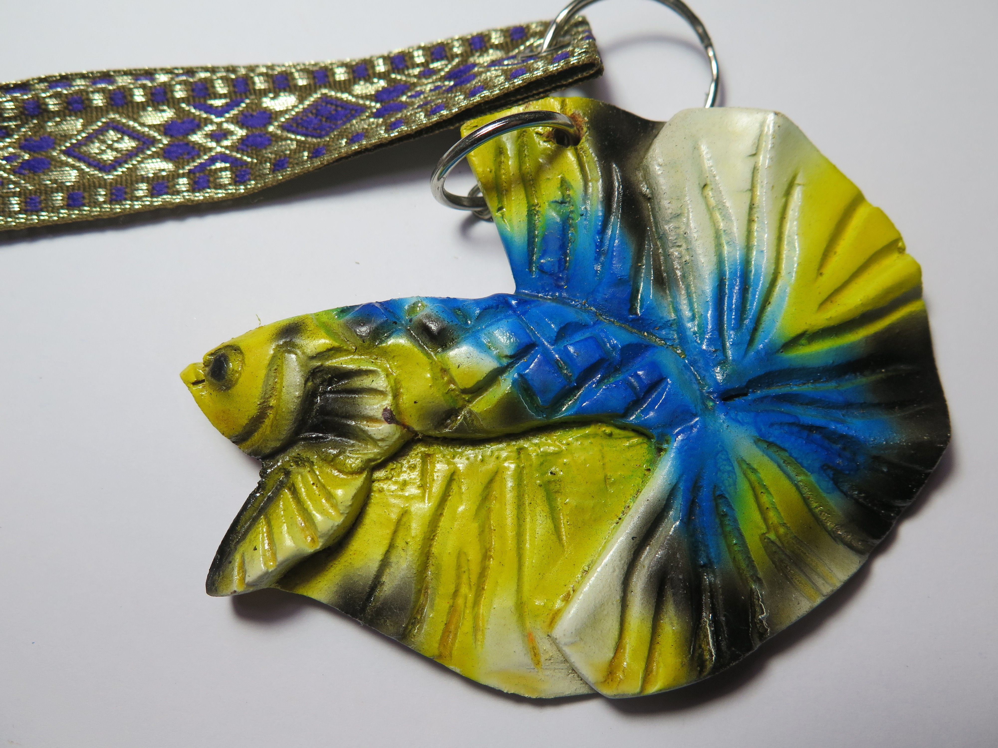 Hand Carved Yellow & Blue  Halfmoon Key Ring (#01)