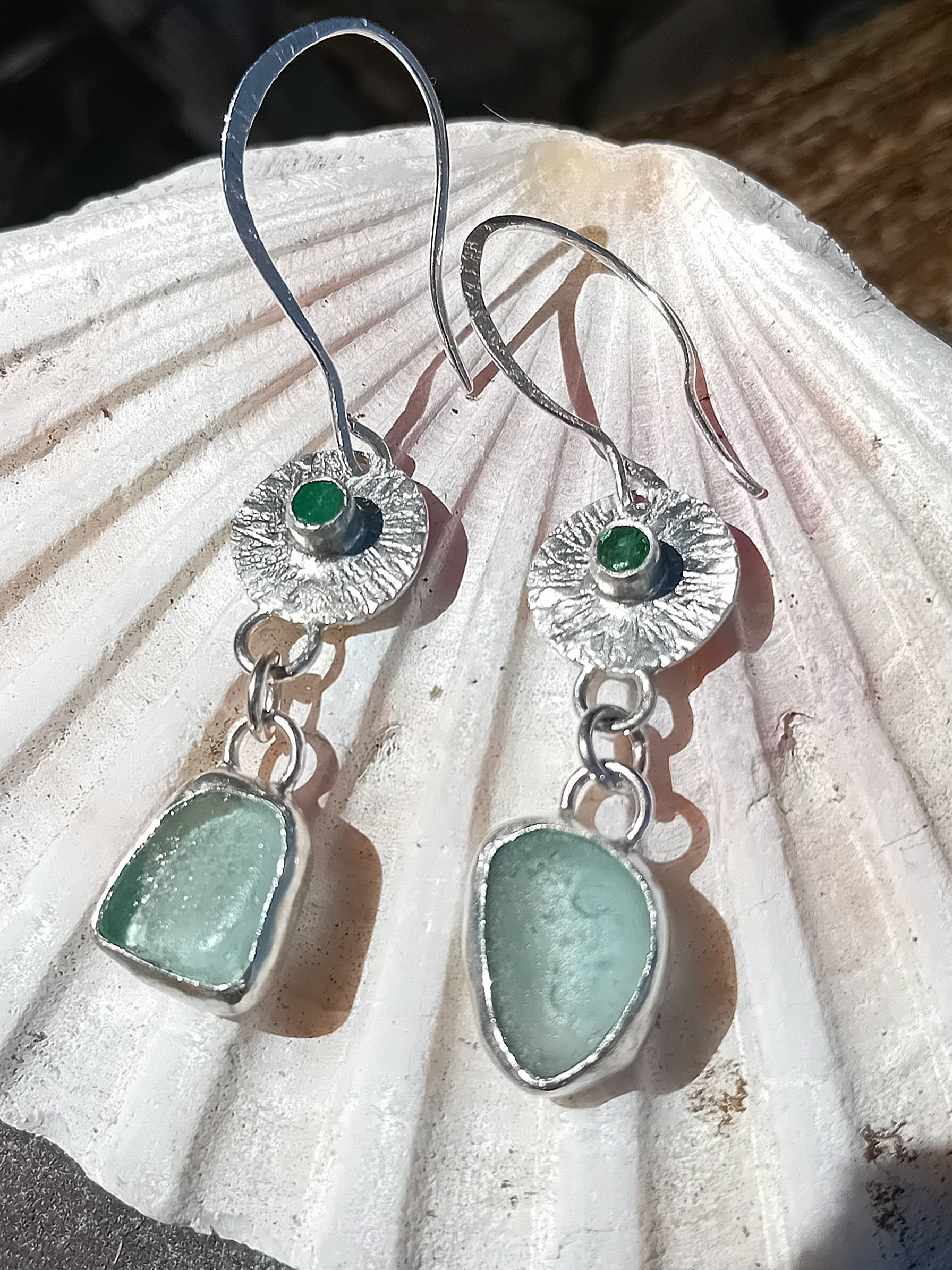 Sea glass and emerald earrings