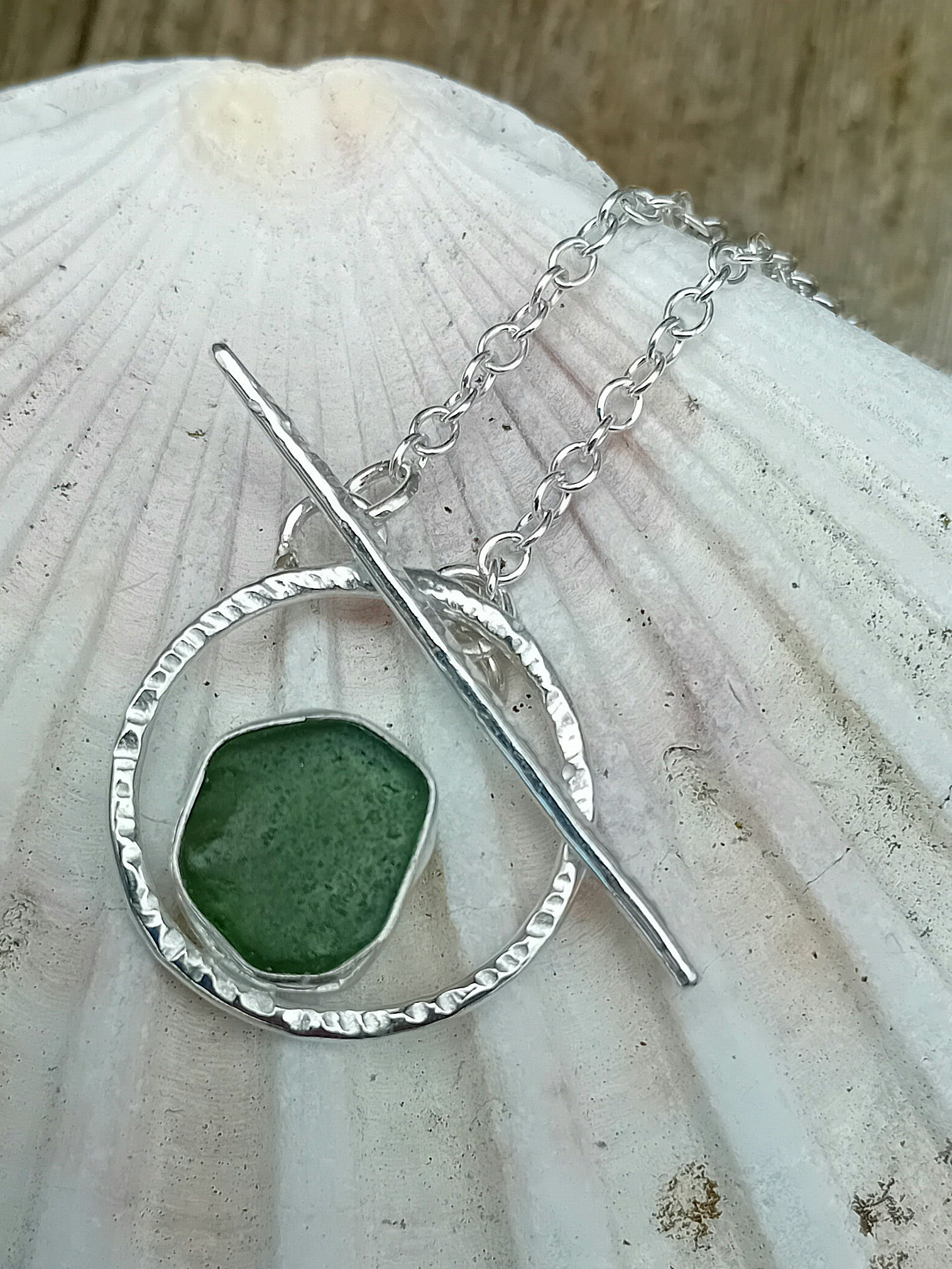 Green sea glass hoop pendant