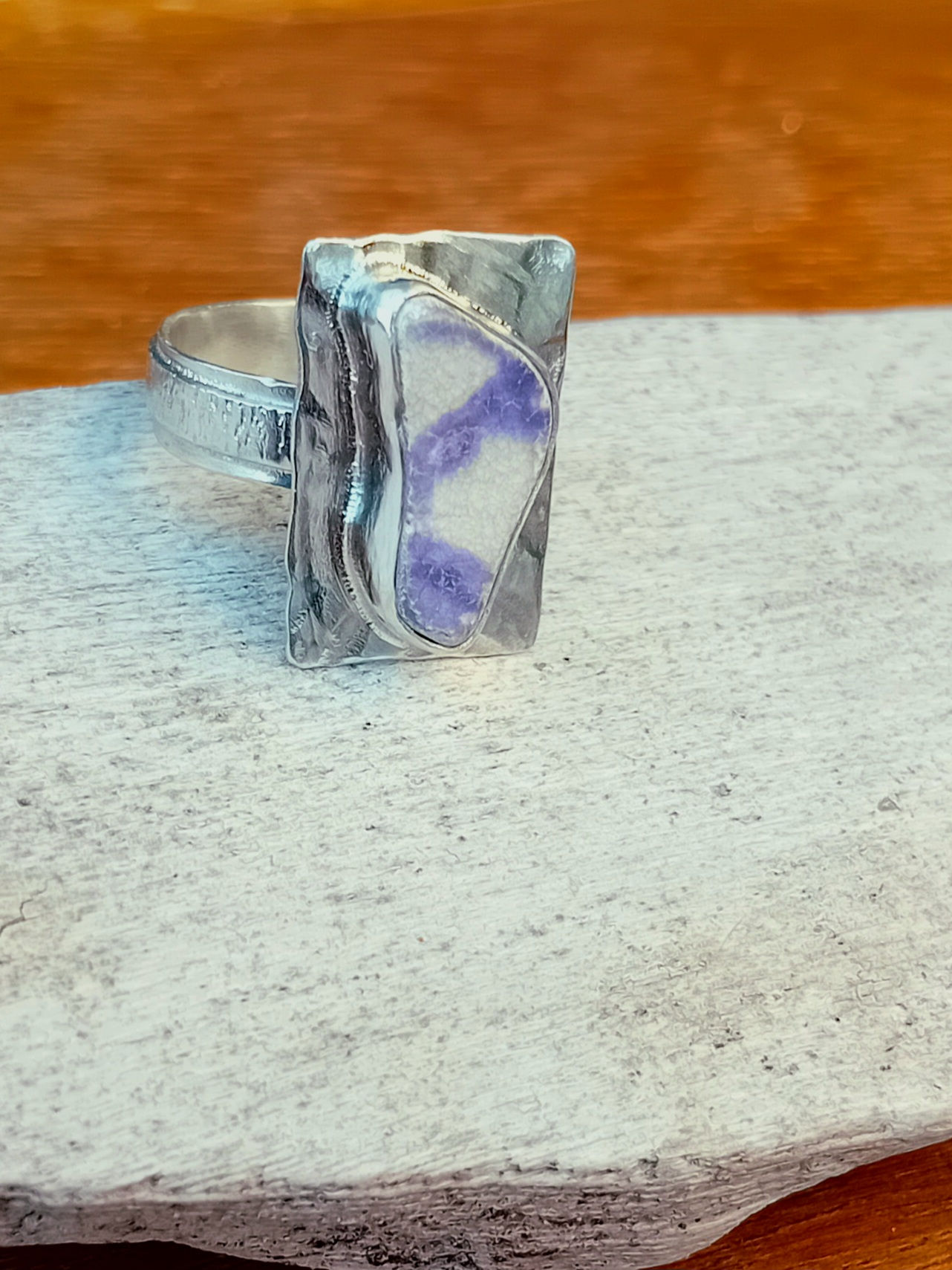 Purple beach pottery sterling silver ring