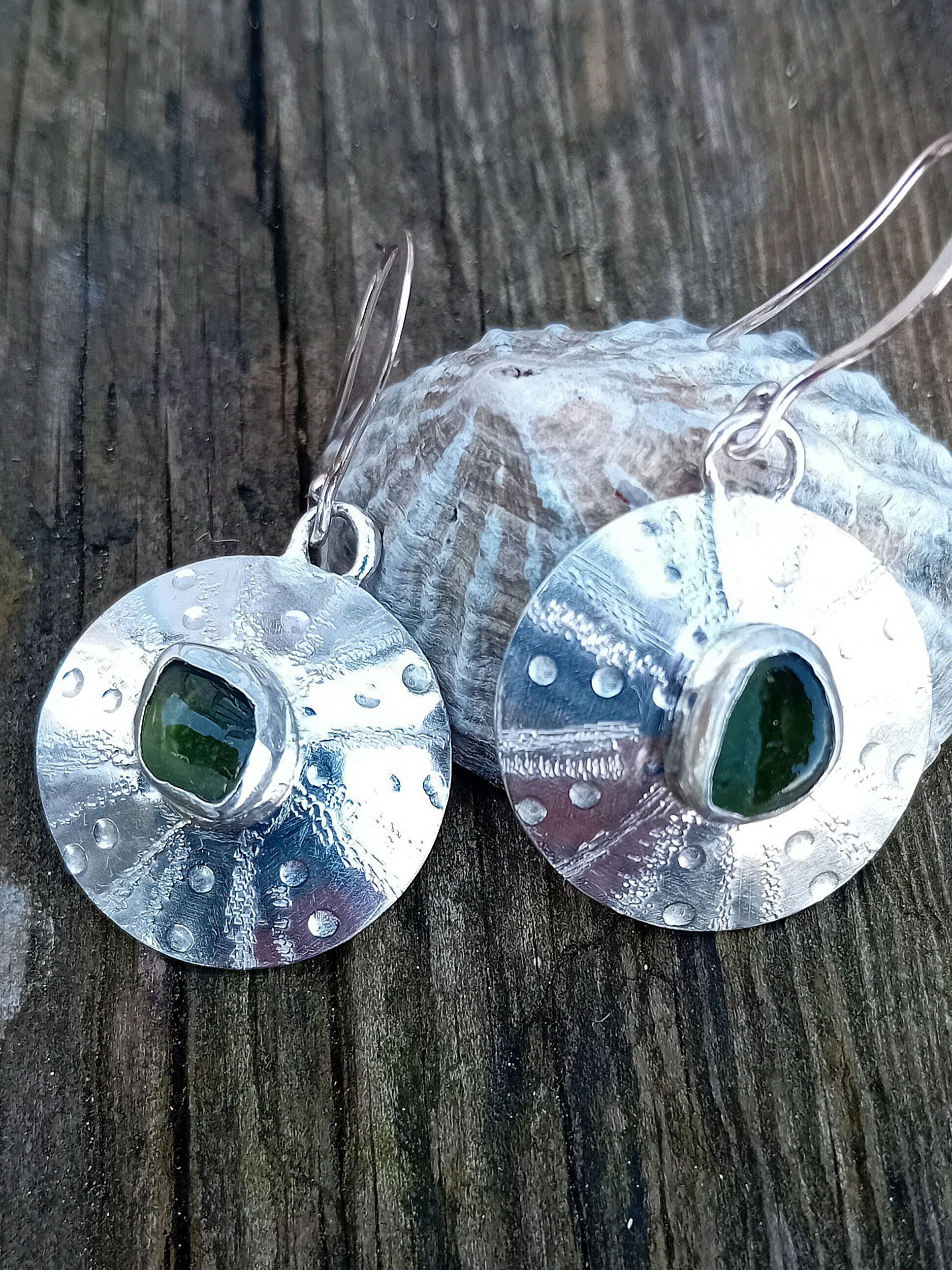 Green sea glass urchin earrings