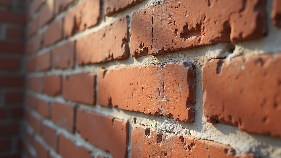 Eye-level view of brick wall with clean mortar joints