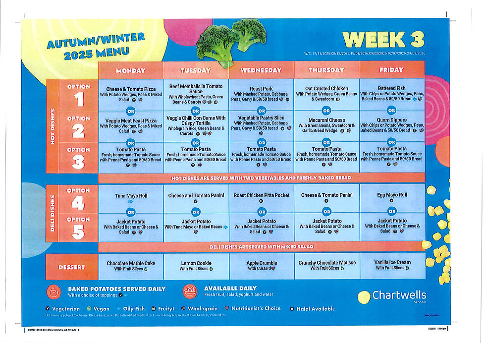 Autumn/Winter menu, Week 3, including options for each day and dessert.