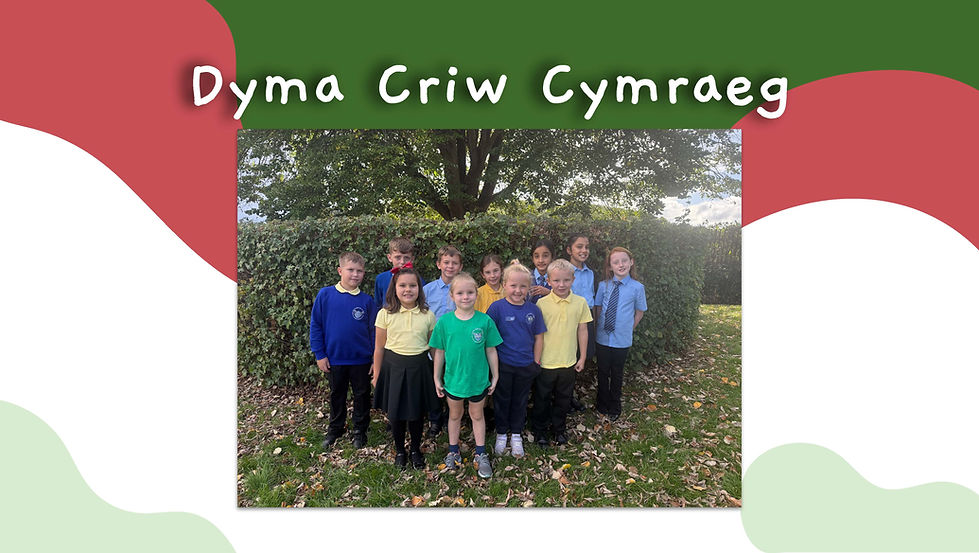 Group of children posing with the text Dyma Criw Cymraeg and at miltonprimaryschool