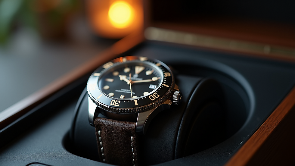 Eye-level view of an automatic watch on a watch winder