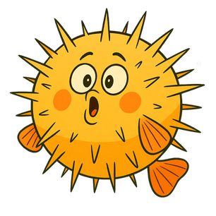 Brody the pufferfish - a golden-yellow, round fish with a beaming face and cheerful rays around his head.