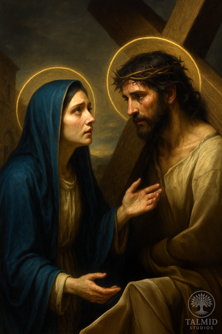 A sacred oil-style painting of the Virgin Mary meeting Jesus on the Way of the Cross. She reaches out with grief and faith, her tear-filled eyes locking with His as He bears the heavy wooden Cross. Both have glowing halos amid a storm-dark backdrop.