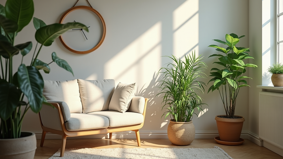 Eye-level view of a living room corner with various indoor plants