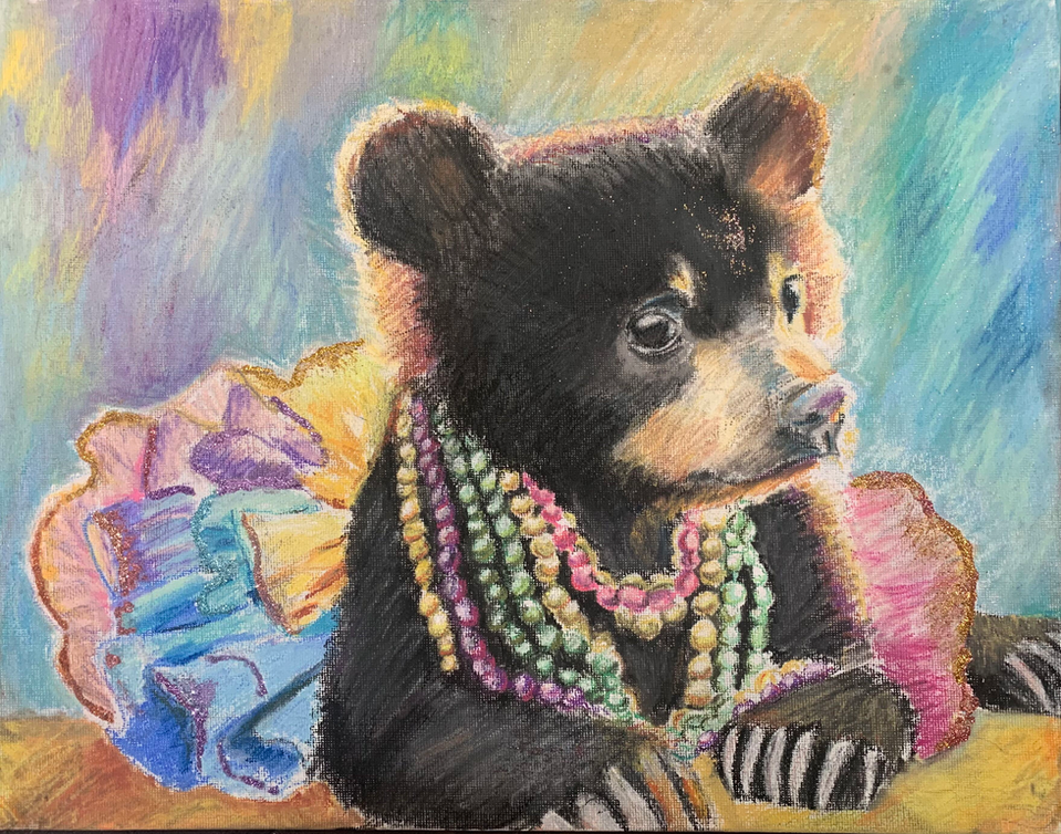 "Glitter Cub" black bear cub in a pastel ballerina tutu and Mardi Gras beads fine art pastels