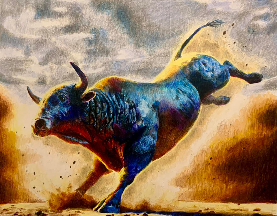 "Untamed Storm" bucking bull creating a dust storm, fine art, colored pencils