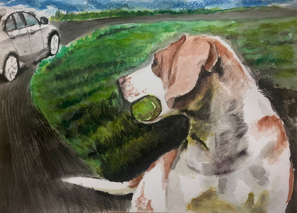 "Unfair Game" dog, abandoned, sad, game, car, tennis ball, fetch, fine art, watercolor, colored pencils, mixed media