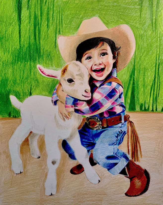 "Daddy, Look!" happy little girl in a cowboy hat cowgirl boots and a fringe belt with a baby goat at the state fair and rodeo fine art colored pencils