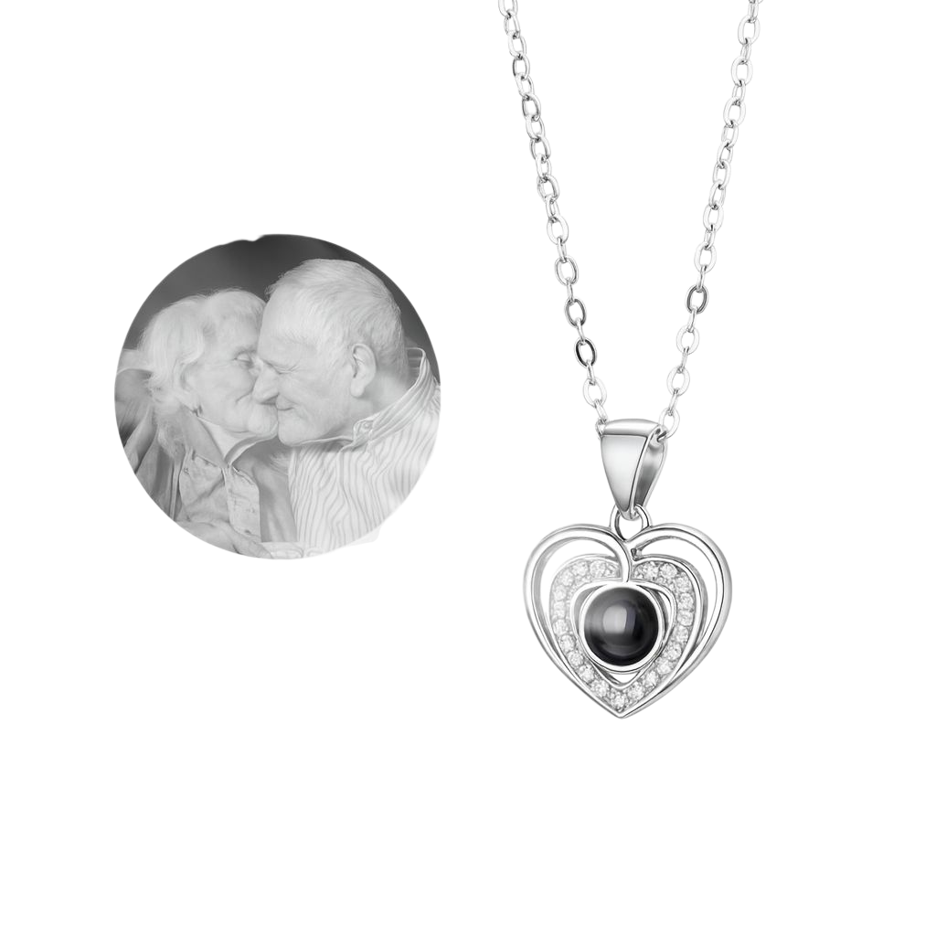 Collar y Dije de Plata de Corazón Doble con foto personalizada de proyección 😍